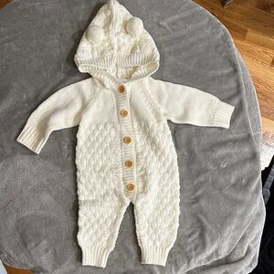 Cozy Cream Knit Hooded Baby Onesie